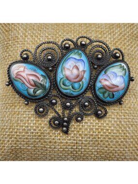 Beautiful 800 silver Enamel MCM Brooch pin Artisan Festival jewelry